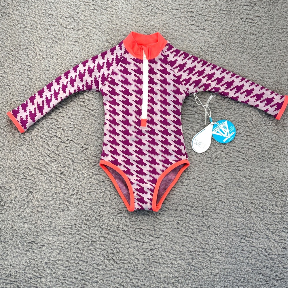 Minny Wet Rumi Houndstooth Long Sleeve Rash Guard Swimsuit 3T Purple Neon NWT